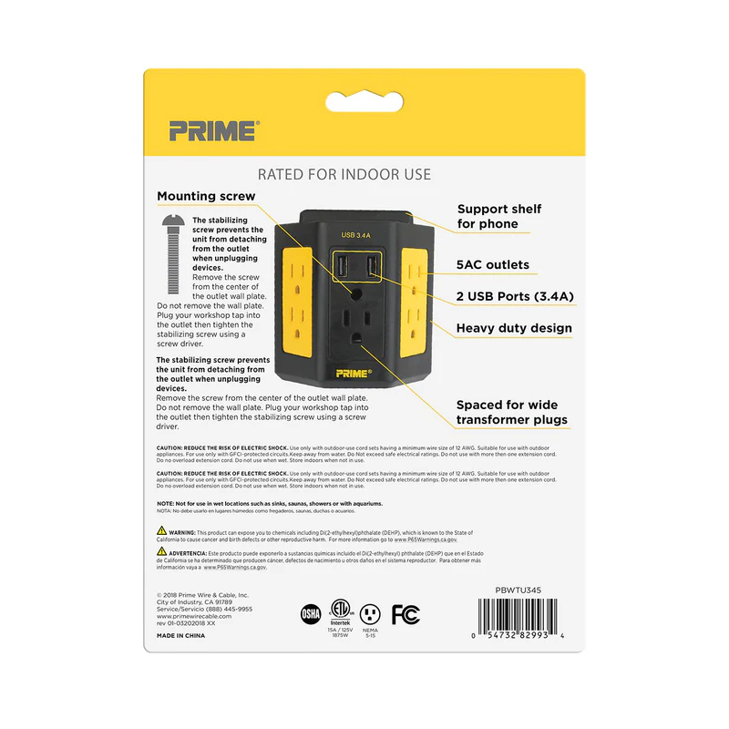 Prime Black/Yellow 5-Outlet Adapter with 2 USB Ports and Mounting screw, 3.4 Amps