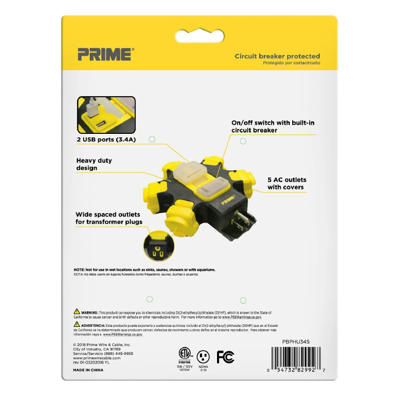 Prime Black/Yellow 5-Outlet Outdoor Power Hub with 2 USB Ports, 3.4 Amps, 125 Volts