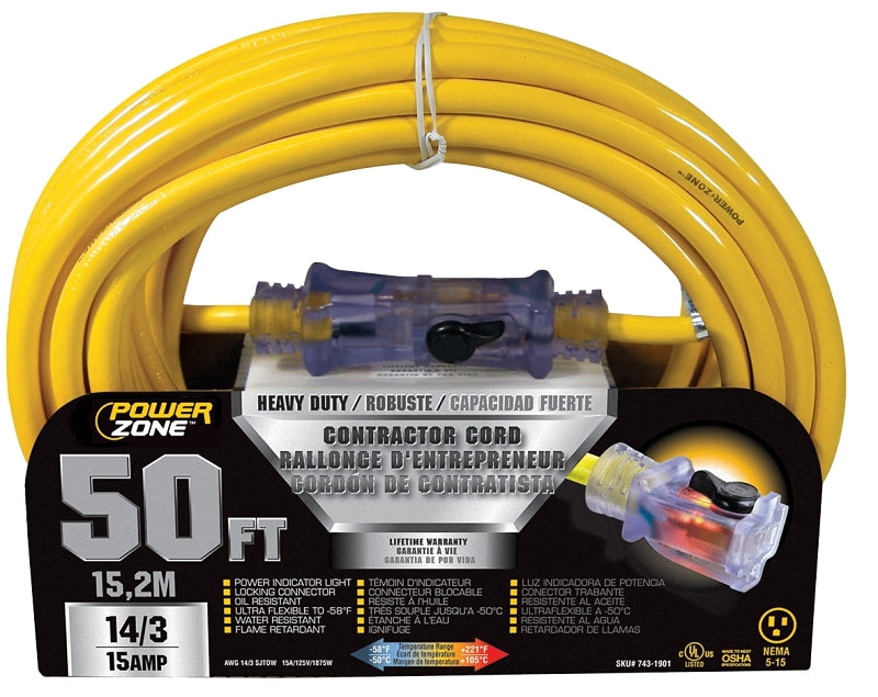 Prime 50 ft. Black/Yellow 14/3, 15 Amp Electrical Contractor Extension Cord