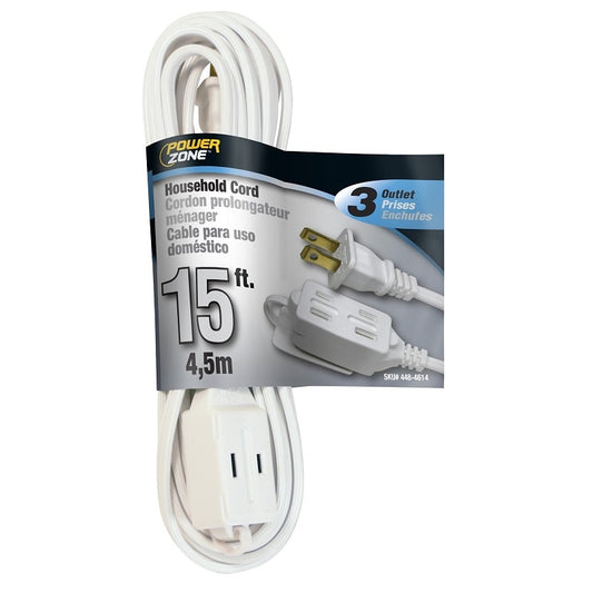 Prime 15 ft. White 16/2 AWG 2-Prong Plug 3 Outlet Head Household Electrical Extension Cord