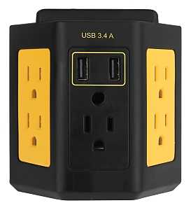 Prime Black/Yellow 5-Outlet Adapter with 2 USB Ports and Mounting screw, 3.4 Amps