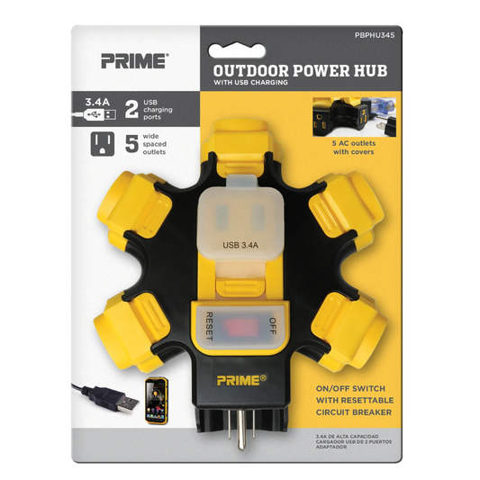 Prime Black/Yellow 5-Outlet Outdoor Power Hub with 2 USB Ports, 3.4 Amps, 125 Volts