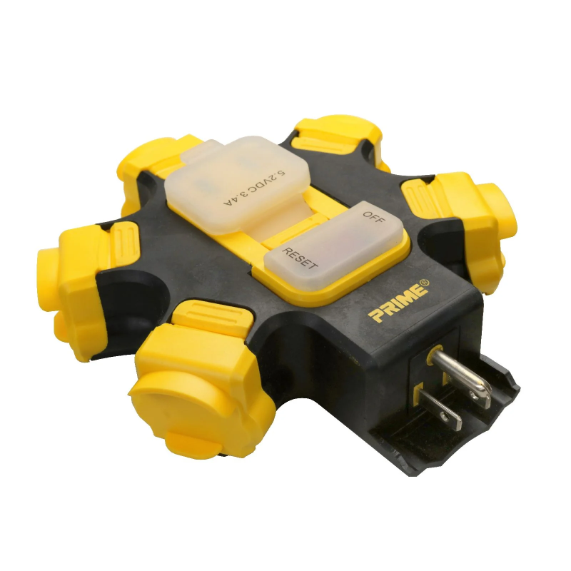 Prime Black/Yellow 5-Outlet Outdoor Power Hub with 2 USB Ports, 3.4 Amps, 125 Volts