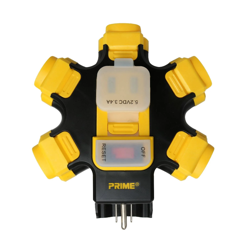 Prime Black/Yellow 5-Outlet Outdoor Power Hub with 2 USB Ports, 3.4 Amps, 125 Volts