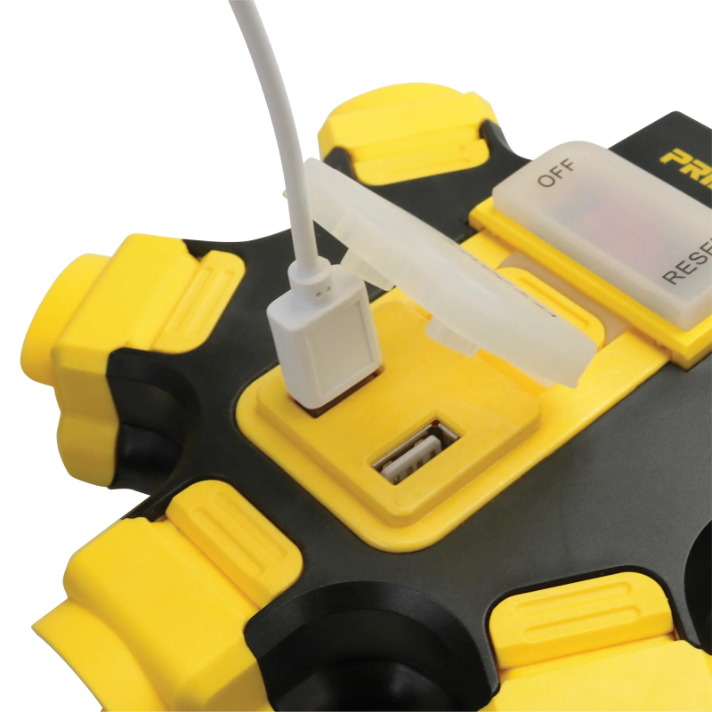 Prime Black/Yellow 5-Outlet Outdoor Power Hub with 2 USB Ports, 3.4 Amps, 125 Volts