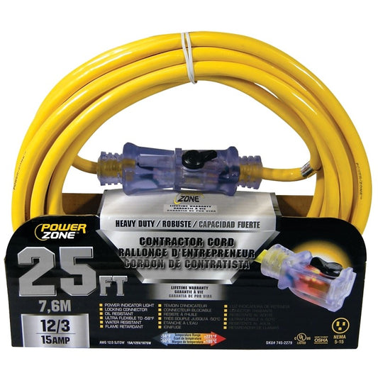 Prime 25 ft. Black/Yellow 12/3, 15 Amp Electrical Contractor Extension Cord