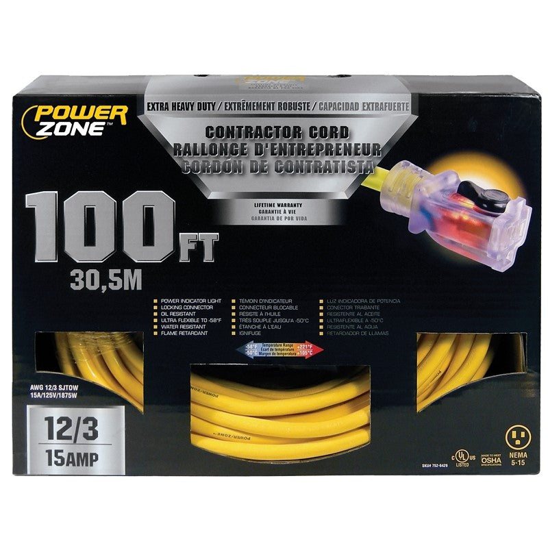 Prime 100 ft. Black/Yellow 12/3, 15 Amp Electrical Contractor Extension Cord