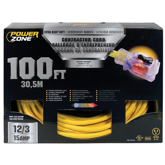 Prime 100 ft. Black/Yellow 12/3, 15 Amp Electrical Contractor Extension Cord