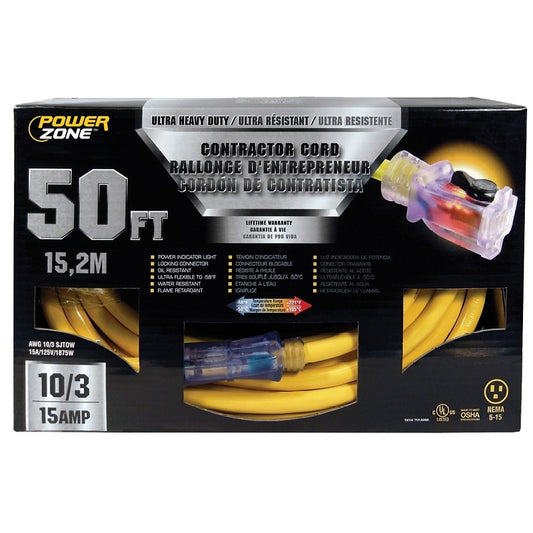 Prime 50 ft. Black/Yellow 10/3, 15 Amp Electrical Contractor Extension Cord