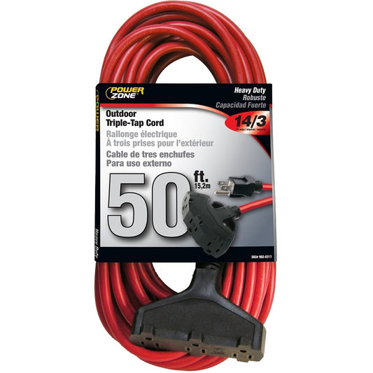 Prime 50 ft. Red 14/3 AWG 3-Prong Plug Triple-Outlet Heavy Duty Electrical Extension Cord